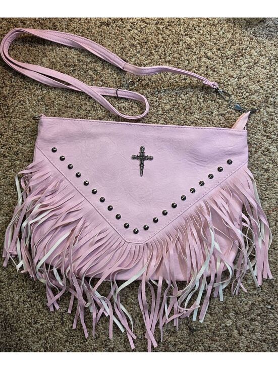 Handbags - Pink Faux Leather Fringe Crossbody Bag with Studded Detail